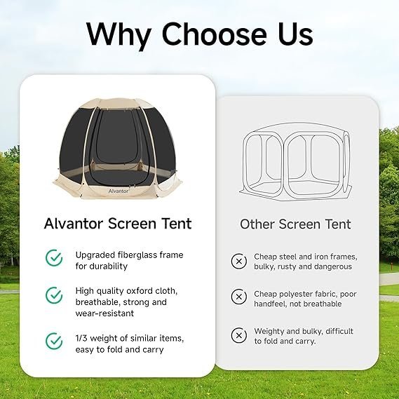 Alvantor Pop Up Screen House Gazebo with Mosquito Netting, Instant UV Resistant Sun Shelter for Patio & Backyard, Portable Canopy Tent for 2-10 Person