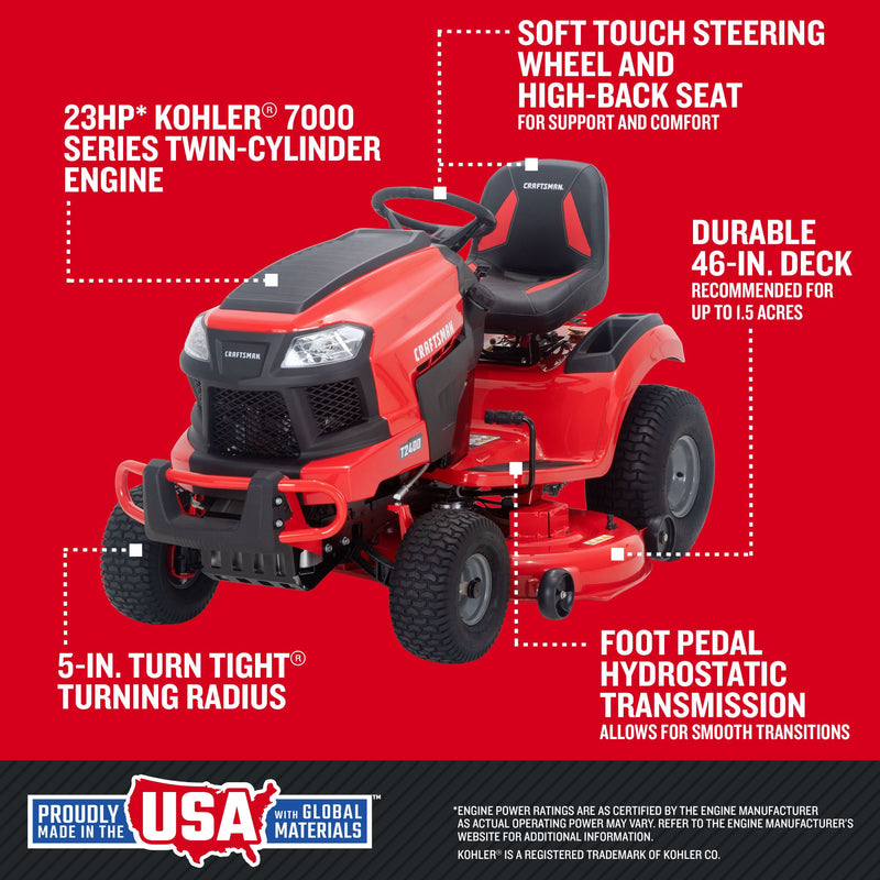 Craftsman T2400 46-Inch 23HP Kohler Hydrostatic Gas Riding Lawn Mower