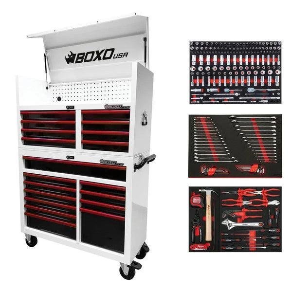 Pro Series | Loaded 53″ 20-Drawer Rolling Tool Box | White and Red