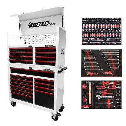 Pro Series | Loaded 53″ 20-Drawer Rolling Tool Box | White and Red