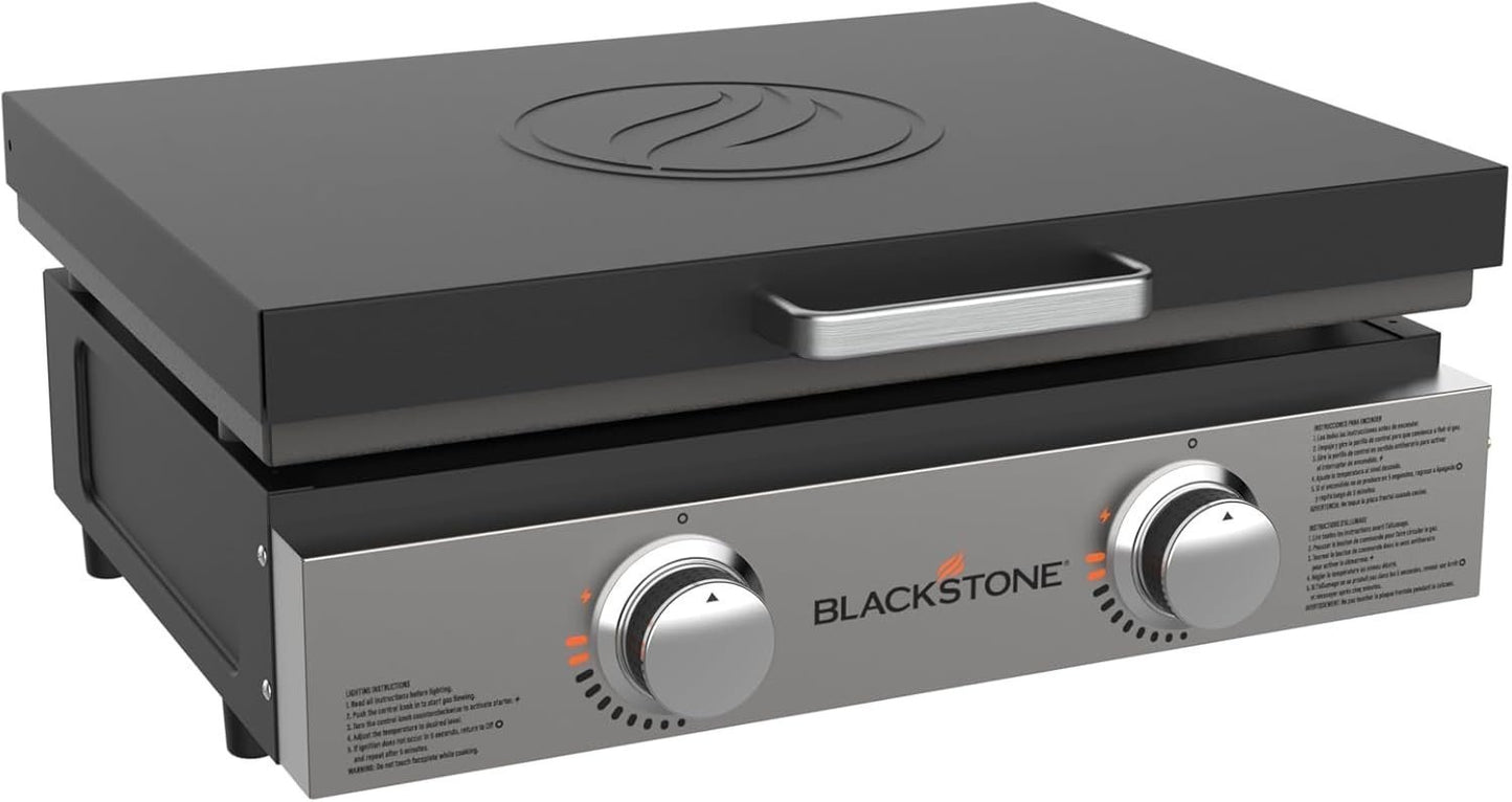 Blackstone 22″ Portable Tabletop Griddle – Dual Burner Flat Top Grill, 24,000 BTU Propane with Stainless Steel Faceplate & Rear Grease System