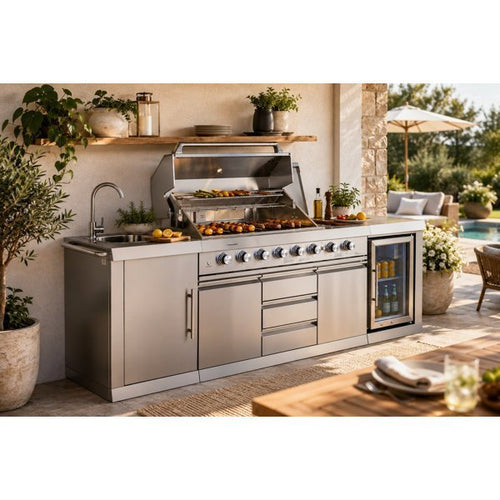 Big Horn 6-Burner Propane Gas Grill Island with Outdoor Rated Refrigerator