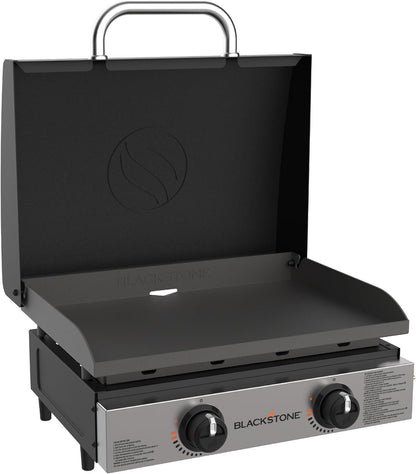 Blackstone 22″ Portable Tabletop Griddle – Dual Burner Flat Top Grill, 24,000 BTU Propane with Stainless Steel Faceplate & Rear Grease System