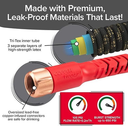 Pocket Hose 100 FT Copper Head Expandable Garden Hose with Pocket Pivot, No Tangles, AS SEEN ON TV, 360° Swivel, Tri-Tex Tubing, Force Field Jacket, Lead-Free, No-Kink, Anti-Burst w/APT