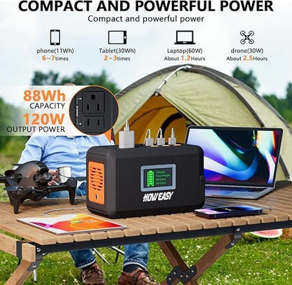 HOWEASY Portable Power Station,120W(240W Peak) Solar Generator,88Wh Lithium Battery Power with 110V AC Outlet/DC/USB/LED Light for Outdoor Camping Trip Hunting Emergency(Solar Panel Optional)