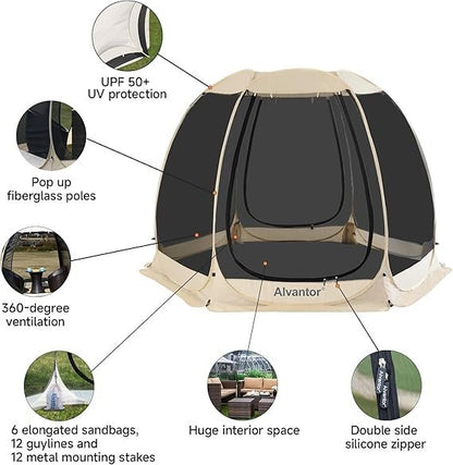 Alvantor Pop Up Screen House Gazebo with Mosquito Netting, Instant UV Resistant Sun Shelter for Patio & Backyard, Portable Canopy Tent for 2-10 Person