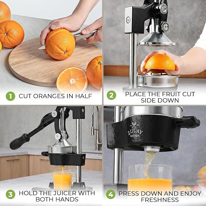 Zulay Kitchen Cast Iron Juicer – Easy-to-Clean Heavy-Duty Manual Juicer, Professional Citrus Juicer – Stainless Steel Lemon Squeezer – Manual Citrus Press & Orange Squeezer – Orange Juicer (Black)