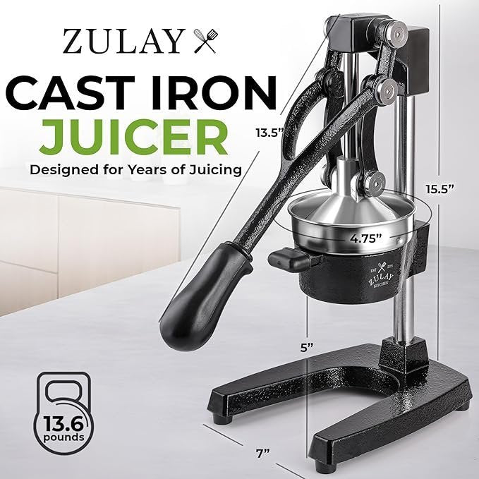 Zulay Kitchen Cast Iron Juicer – Easy-to-Clean Heavy-Duty Manual Juicer, Professional Citrus Juicer – Stainless Steel Lemon Squeezer – Manual Citrus Press & Orange Squeezer – Orange Juicer (Black)