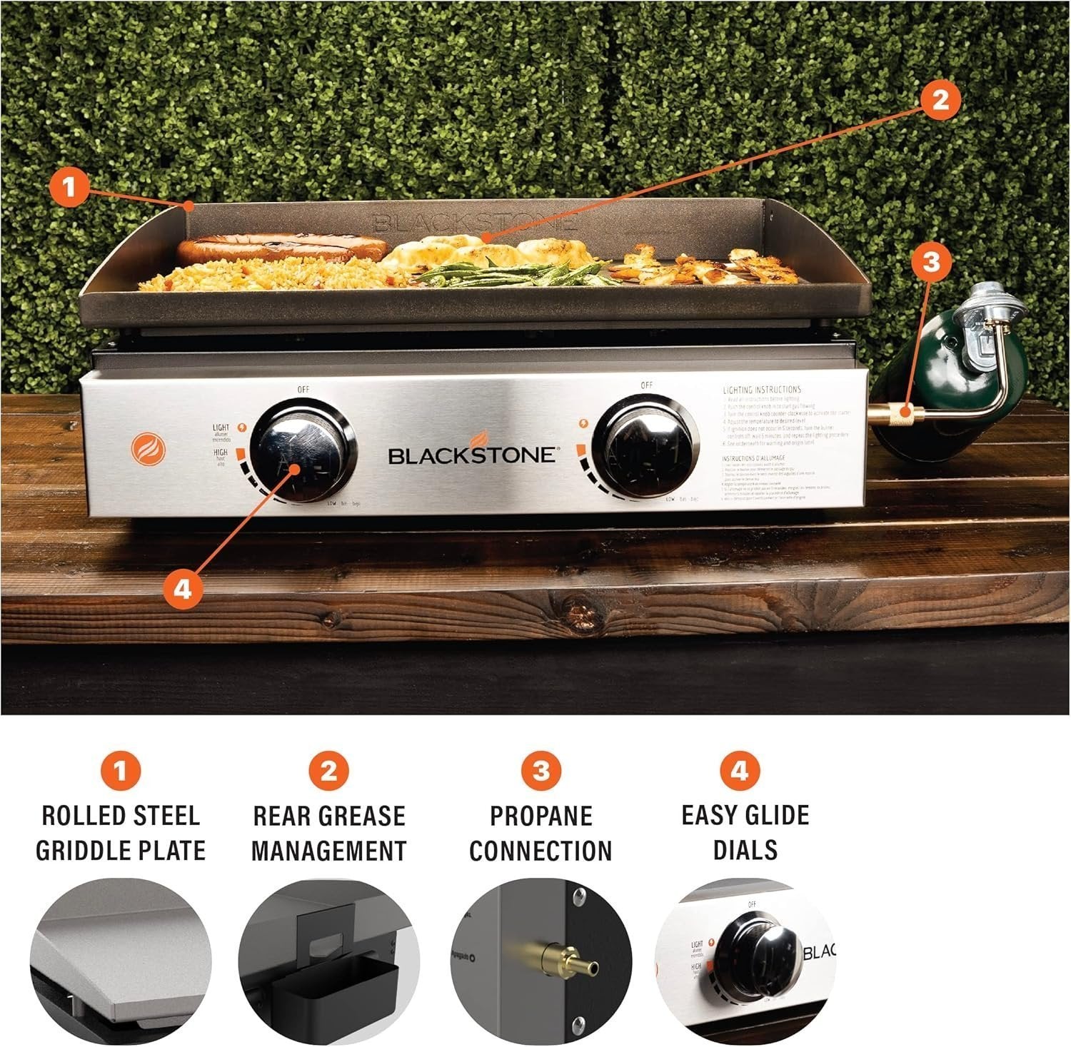 Blackstone 22″ Portable Tabletop Griddle – Dual Burner Flat Top Grill, 24,000 BTU Propane with Stainless Steel Faceplate & Rear Grease System