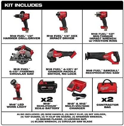 Milwaukee M18 FUEL 18V Lithium-Ion Brushless Cordless Combo Kit with Two 5.0 Ah Batteries, 1 Charger, 2 Tool Bags (7-Tool)