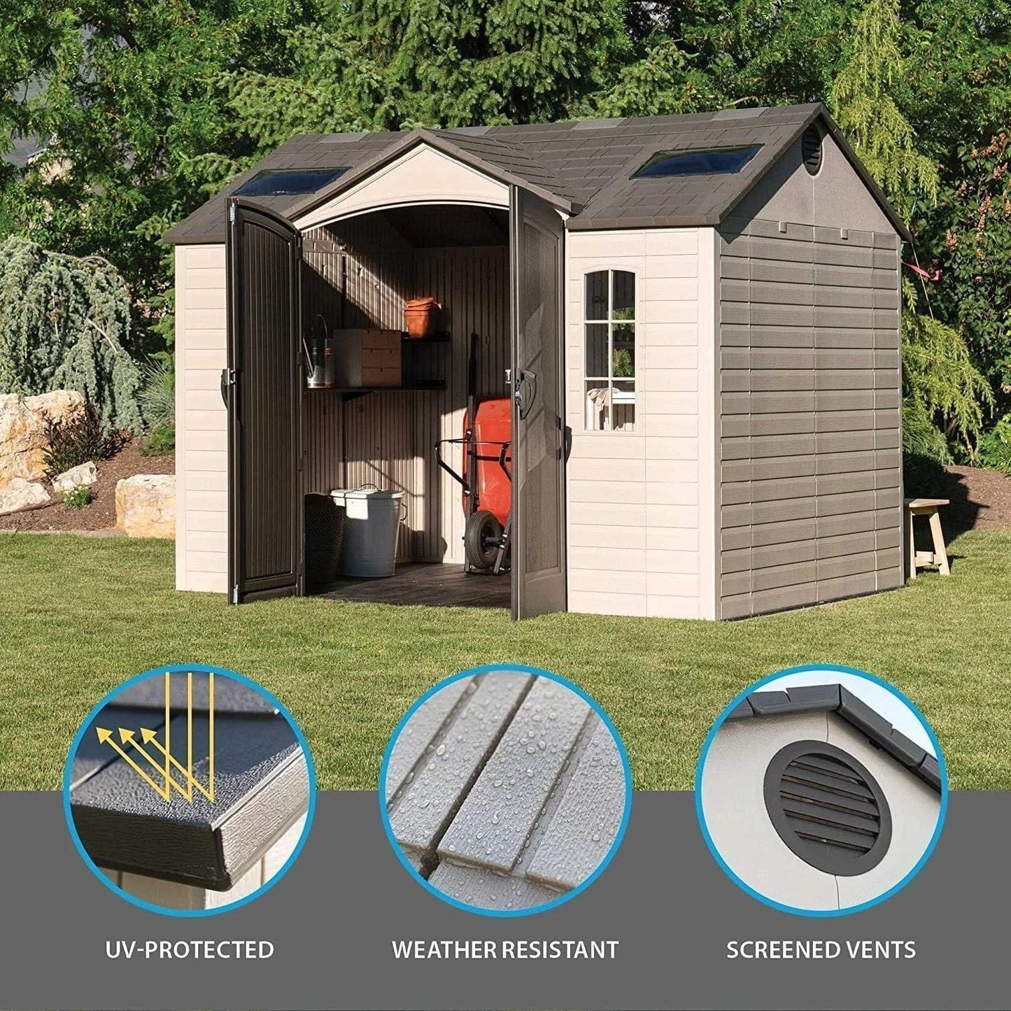 Lifetime 10′ x 8′ Outdoor Storage Shed with Carriage Doors Foundation and Installation Included.