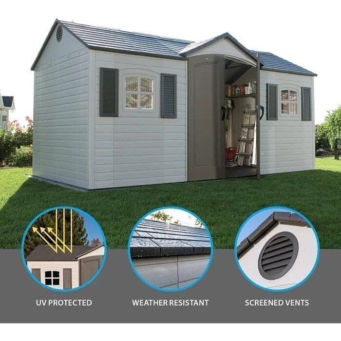 Side entry 15 ft. W x 8 ft. D plastic storage shed with assembly