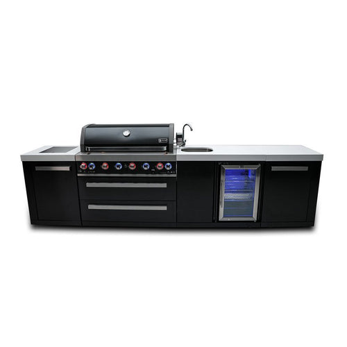Mont Alpi 5-Burner Compact Black Outdoor Kitchen Island Gas Grill + Fridge Cabinet