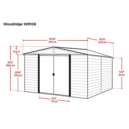 Arrow Woodridge 10' x 8' Galvanized Steel Storage Shed with Woodgrain Finish