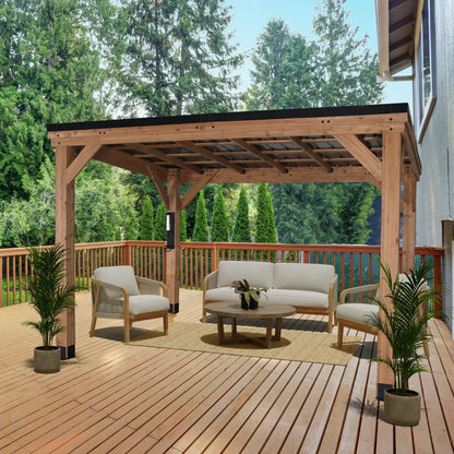 Backyard Discovery Arcadia 12' x 9.5' Cedar Wood Slope Roof Gazebo Patio Pavilion with Black Steel Roof and PowerPort