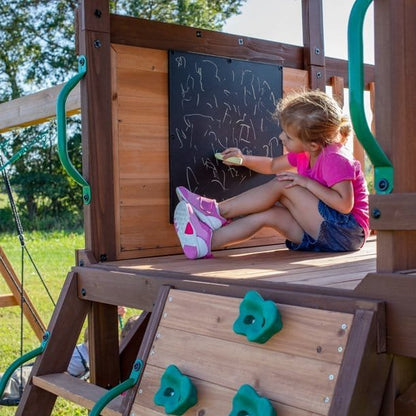 Backyard Discovery Cedar Cove Cedar Wood Playset Swing Set with Spiral Tube Slide Wave Slide and Lower Playhouse