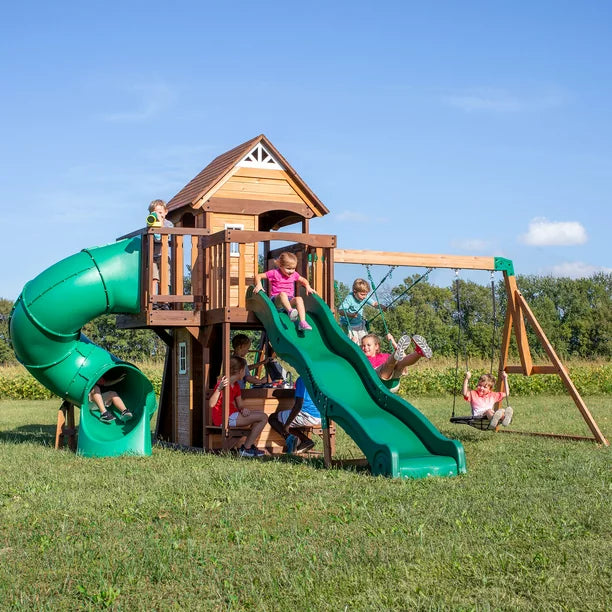Backyard Discovery Cedar Cove Cedar Wood Playset Swing Set with Spiral Tube Slide Wave Slide and Lower Playhouse