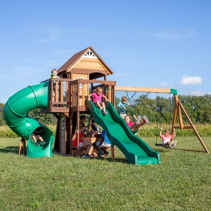 Backyard Discovery Cedar Cove Cedar Wood Playset Swing Set with Spiral Tube Slide Wave Slide and Lower Playhouse
