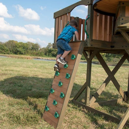 Backyard Discovery Eagles Nest Cedar Wooden Playhouse Playset with 7-Foot Crow's Nest Wave Slide and Rock Climbing Wall