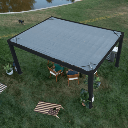 Backyard Discovery Trenton 16' x 12' Modern Galvanized Steel Pergola Black Frame with Shade Sail Canopy and PowerPort