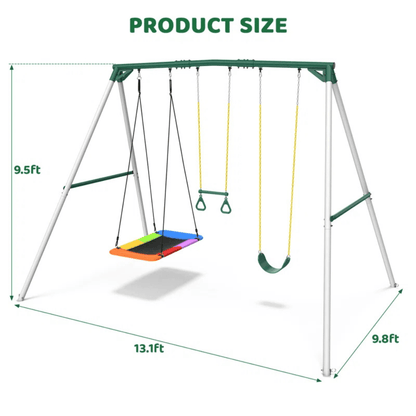 Designasofa 9.5 Ft. Heavy-Duty Metal Swing Set with Belt Swing and Trapeze Bar