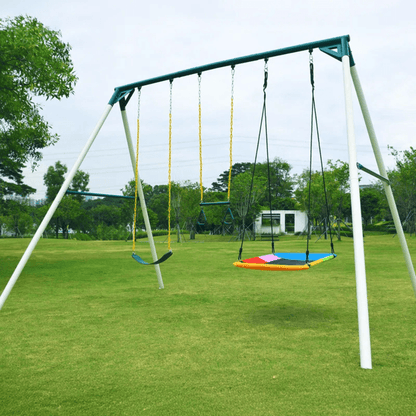 Designasofa 9.5 Ft. Heavy-Duty Metal Swing Set with Belt Swing and Trapeze Bar