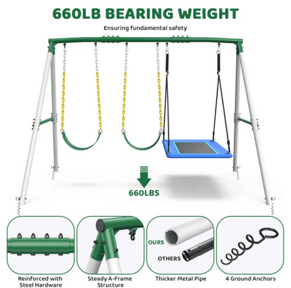 Designasofa 660 lbs Heavy-Duty Metal Swing Set with Platform Swing and 2 Belt Swings