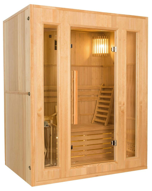Sauna Finlandais Vapeur Feroe 3 Places en Hemlock 1500x1200x1900mm Poêle Electrique 4.5kW